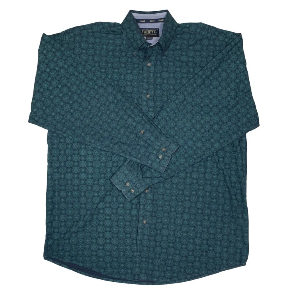 Wrangle Twenty X Long Sleeve Button Up Dress Shirt Geometric Dark Blue Green L